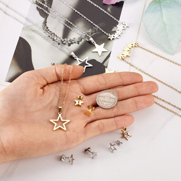 5pc Bundle Sweet Star Set 3 Necklaces + 2 Pairs Stud Earrings Gold or Siver - Picture 2 of 5